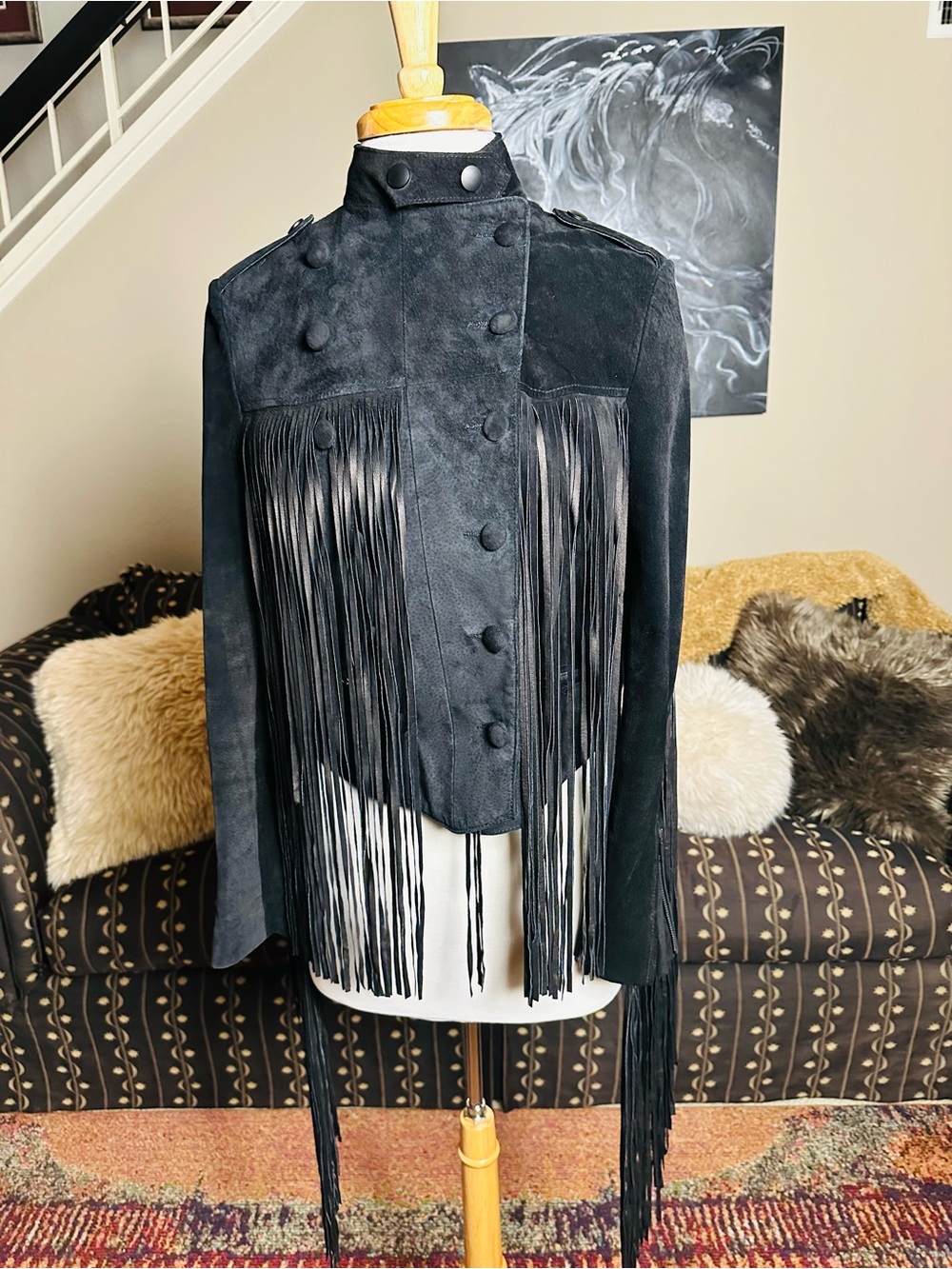 Isabel De Pedro Black Suede 19” Fringe Jacket L Made in Spain - Rare Archive